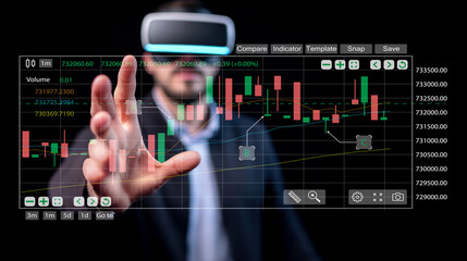Business professional interacting with virtual reality interface showcasing stock market analytics and trading data in futuristic environment