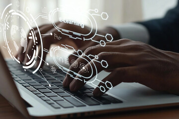 Hands on Laptop Keyboard with E-Learning Graphics, Digital Interface, Technology, Online Education...
