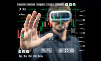 Person Using Virtual Reality Headset to Analyze Stock Market Data with Financial Charts, Indicators, and Trading Interface for Precision Investments