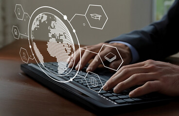 Modern Technology and Global Networking in Business with Futuristic Graphics and Human Interaction in Office Environment