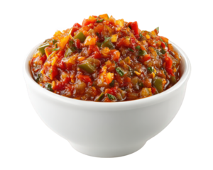 Fresh salsa bowl spicy dip tomato pepper onion cilantro vegetable appetizer isolated on transparency background vibrant healthy delicious party snack