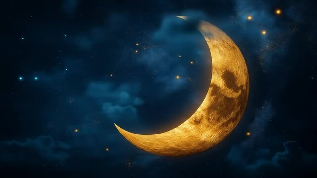 Celestial Glow: A luminous crescent moon, awash in golden hues, hangs serenely in the velvety embrace of the night sky, its radiant glow interspersed with delicate stars.