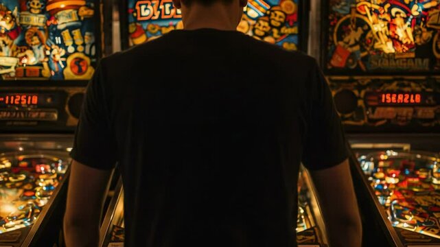 112518 1589813. Rear view of a man in a black shirt playing classic pinball games in a retro amusement hall.