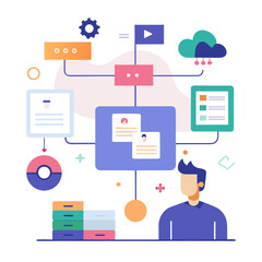 Project Management and Workflow Flat Illustration Featuring Kanban Board, Flowchart, Task Cards and Team Collaboration Elements