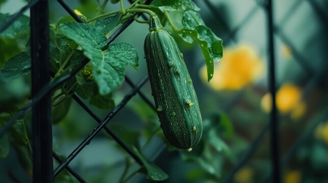 Close-up of a zucchini growing on a fence