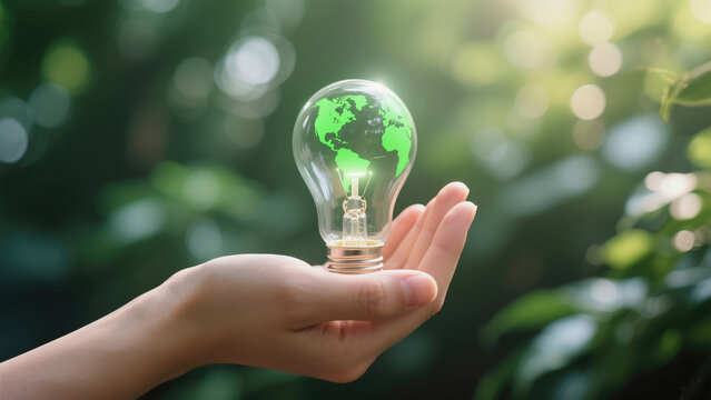 Hand holding clear light bulb with green earth map inside against blurred green foliage globe