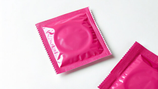 Vibrant pink condom with glossy finish on white background for advertisement and health use.