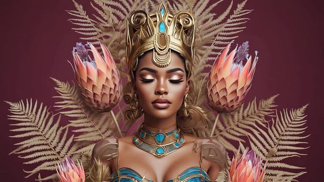 A woman adorned in regal gold and turquoise jewelry, a golden crown, and surrounded by vibrant protea flowers and ferns