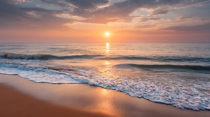 Fototapeta premium Sunrise over calm ocean horizon minimalistic sandy beach foreground colorful sky gradient and gentle waves serene seascape perfect for meditation visuals