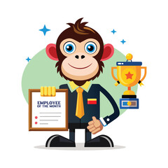 Funny Monkey Wins Employee of the Month Award – Cute Office Monkey Character Vector for Workplace Humor, Motivation, Corporate Recognition, and Business-Themed Illustrations