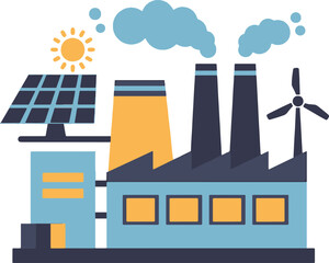 Obraz premium Sustainable factory utilizing solar, wind, and traditional energy sources.