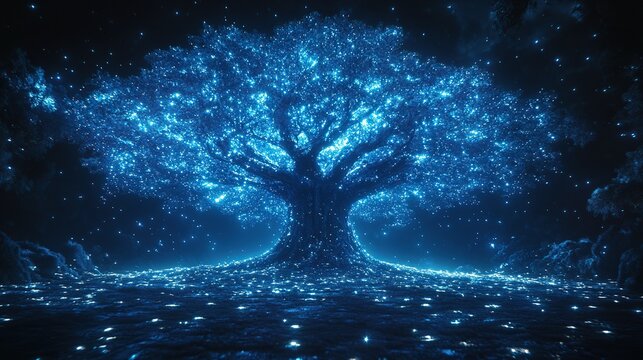 Glowing celestial tree bathed in ethereal blue light