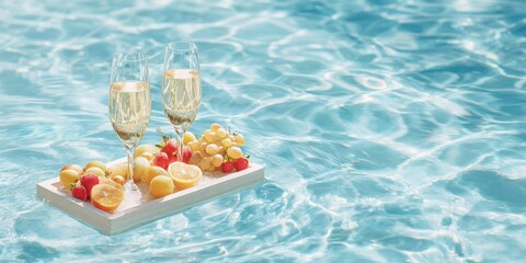Refreshing summer pool party with fruits and drinks on a floating tray. Floating Drink Holder in Pool