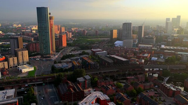 Aerial video of manchester sunrise over trinity way, 