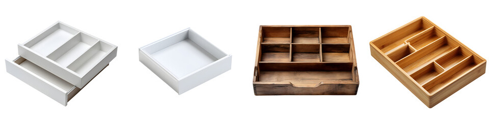 Assortment of Empty Wooden Drawer Organizers with Compartments for Storage on White Background - Kitchen, Bathroom, Desk Dividers, Minimalism