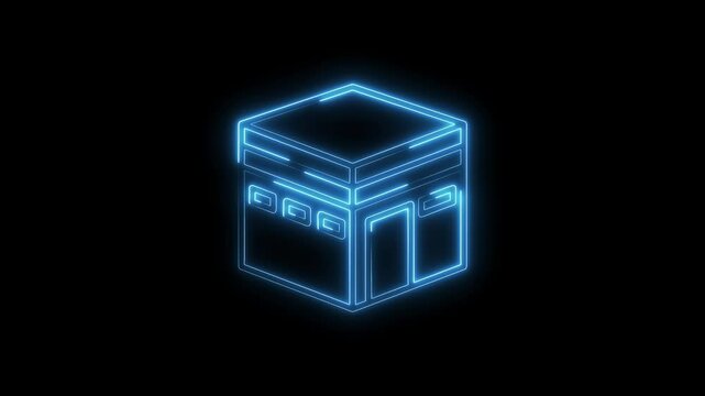 Glowing isometric kaaba outline on black background islamic pilgrimage mecca holy mosque