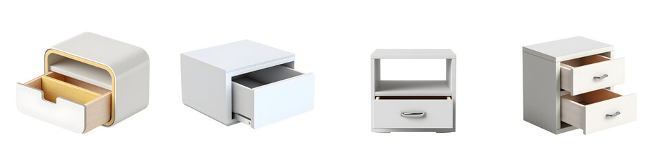 Modern White Bedside Tables with Drawers Set, Isolated on White