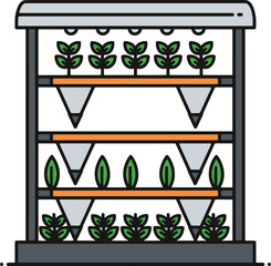 Vertical farming system with plants growing on multiple levels under artificial lighting.