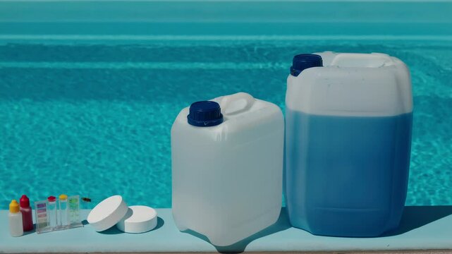 Pool maintenance supplies including chemical canisters, chlorine tablets, and water test kit placed near a clean blue swimming pool
