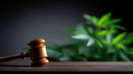 Justice Symbol Gavel on Wooden Table with Green Leaves Background in a Courtroom Setting