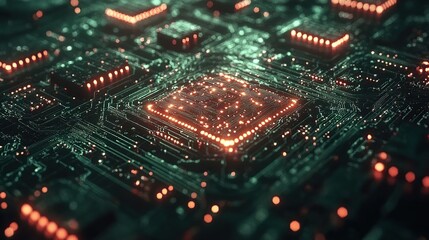 Obraz premium Intricate circuit board with glowing central processor