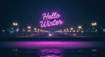 Hello Winter neon sign glow on snowy night urban street. Holiday season greeting and invitation concept for winter celebration.