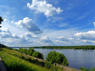 Volga river seen from the embankment in a small town Kimry in Tver Region, Russia. Forest on the other river bank