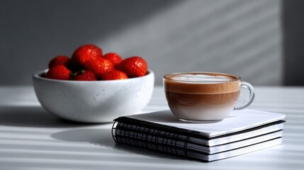 Person with Glasses Enjoying Coffee and Strawberries in a Relaxed Modern Workspace Setting