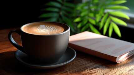 Galaxy Themed Latte Foam Art in a Black Cup with Notebook on Wooden Table