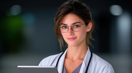 Focused Female Doctor Using Tablet in Modern Medical Environment with Diligent Expression