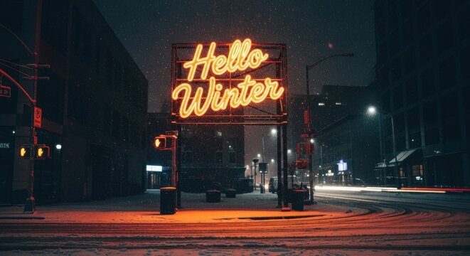 Glowing orange neon sign with hello winter text on city street at night. Snowy urban landscape welcome december cold season.