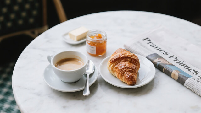 Parisian breakfast flat lay with a fresh croissant, caf&eacute; au lait, and jam on a classic white marble bistro table.