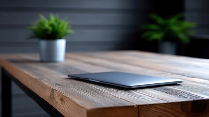 Teacher Conducting Online Class from Home with Laptop on Rustic Table Surrounded by Green Plants