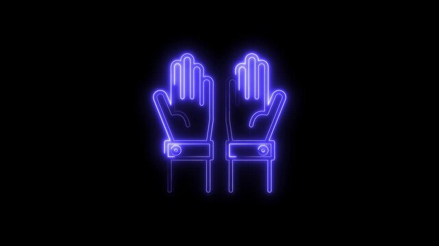 Neon glowing hands with cyberpunk cuffs on dark background futuristic animated design