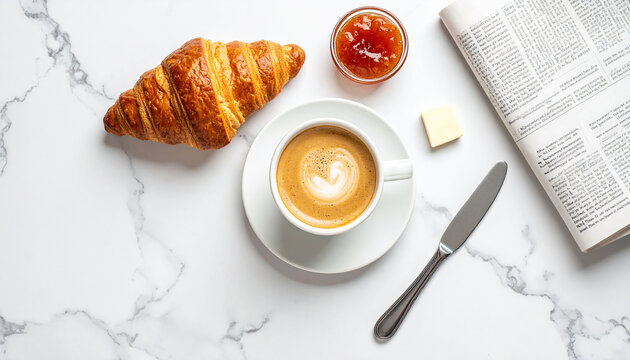 Parisian breakfast flat lay with a fresh croissant, café au lait, and jam on a classic white marble bistro table.