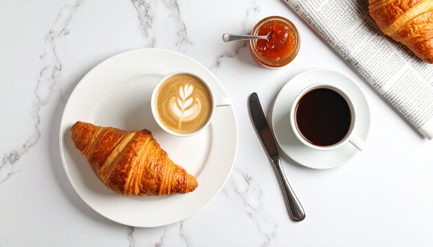 Parisian breakfast flat lay with a fresh croissant, caf&eacute; au lait, and jam on a classic white marble bistro table.