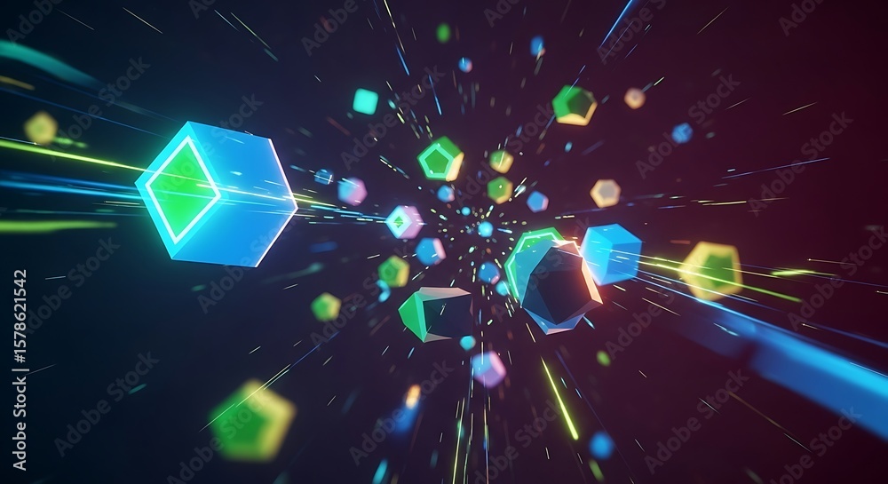 Poster abstract digital rendering of colorful cubes and polygons hurtling through space with streaks of lig