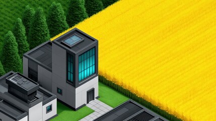 Futuristic Isometric View of Agrochemical Facility Surrounded by Golden Crop Field and Green Trees