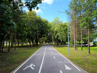 Pedestrian and bicycle lanes in the park in Dubna, Russia