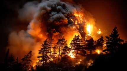 Nighttime Forest Fire Causing Damage to Eco Environment and Impacting Natural Landscape