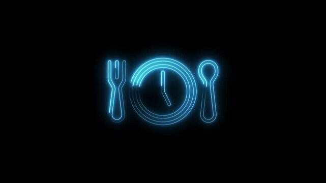 Neon lunch time symbol animation glowing light spoon fork plate clock indicates eating hours