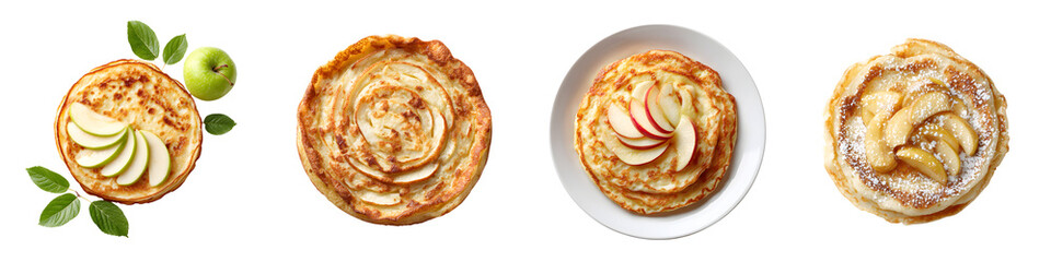 Variety of Baked Pancakes Collage: Golden Brown Breakfast Treats, Fresh Fruit, White Background, Top-Down View, Delicious Food Concept