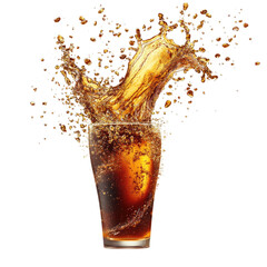 Fresh cola drink splashing in a glass revealing refreshing bubbles isolated on transparent background, cutout png