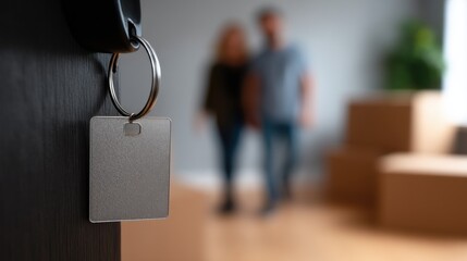 Close-Up of New Home Door Key Inserted with Blurred Background of Moving Couple