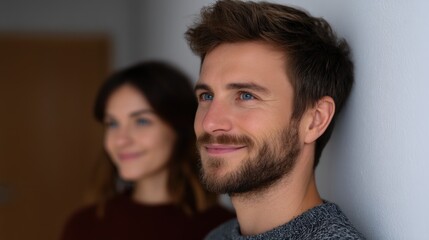 Happy Couple Leaning Against Wall with Excited Expressions in Indoor Setting