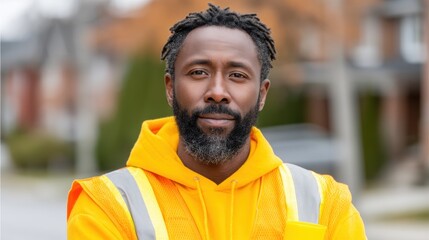 Professional Painter in Vibrant Yellow Attire Conducting Exterior Job with Focus and Determination