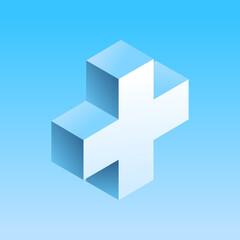 Isometric white medical cross with blue reflections — minimal vector icon on blue background