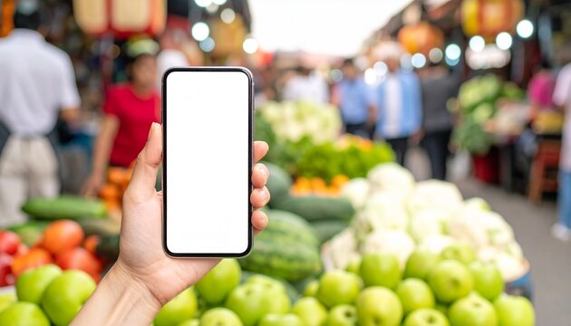 Hand Holding Smartphone with Blank Screen at Traditional Street Food Market - Powered by Adobe