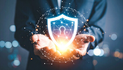 Cybersecurity Protection Man holds glowing shield over network, digital security concept.