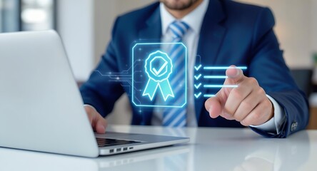 Business Compliance Checklist: Man Verifying Quality Standards on Laptop with Digital Interface, Professional Assurance, Blue Suit Illustration